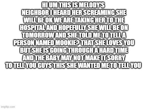 who ever this mookie person is she wants to tell you she love you and she will live for you | HI UM THIS IS MELODY'S  NEIGHBOR I HEARD HER SCREAMING SHE WILL BE OK WE ARE TAKING HER TO THE HOSPITAL AND HOPEFULLY SHE WILL BE ON TOMORROW AND SHE TOLD ME TO TELL A PERSON NAMED MOOKIE? THAT SHE LOVES YOU BUT SHE IS GOING THROUGH A HARD TIME AND THE BABY MAY NOT MAKE IT SORRY TO TELL YOU GUYS THIS SHE WANTED ME TO TELL YOU | image tagged in blank white template | made w/ Imgflip meme maker