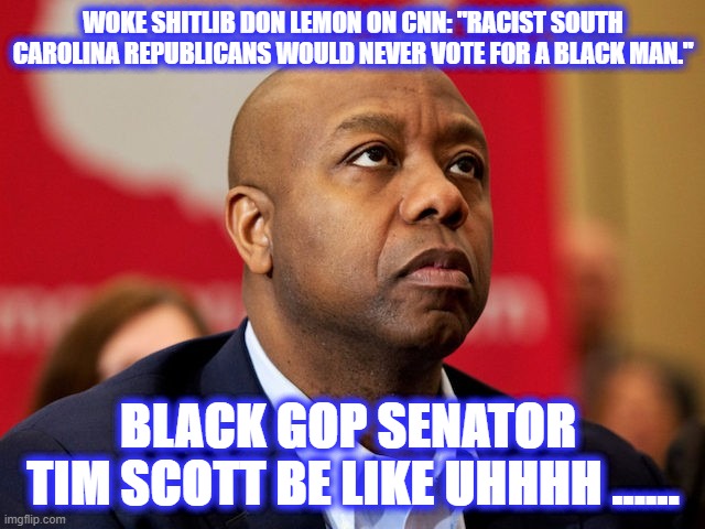 Shit Liberals Say ... | WOKE SHITLIB DON LEMON ON CNN: "RACIST SOUTH CAROLINA REPUBLICANS WOULD NEVER VOTE FOR A BLACK MAN."; BLACK GOP SENATOR 
TIM SCOTT BE LIKE UHHHH ...... | image tagged in democrats,liberals,woke,racist,brunch liberals,republican party | made w/ Imgflip meme maker