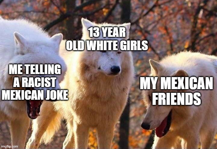 Laughing wolf | 13 YEAR OLD WHITE GIRLS; ME TELLING A RACIST MEXICAN JOKE; MY MEXICAN FRIENDS | image tagged in laughing wolf | made w/ Imgflip meme maker