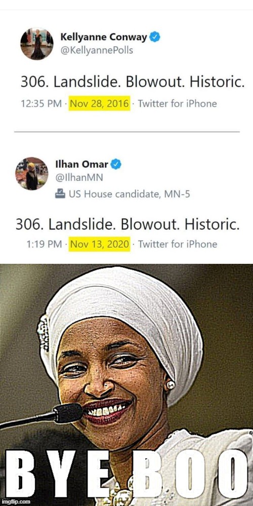 Bye boo | image tagged in 306 landslide blowout historic,ilhan omar bye boo sharpened x2,election 2020,2020 elections,bye,dunk | made w/ Imgflip meme maker