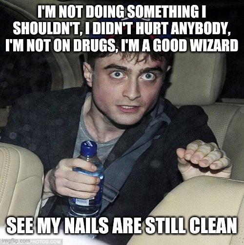 harry potter crazy |  I'M NOT DOING SOMETHING I SHOULDN'T, I DIDN'T HURT ANYBODY, I'M NOT ON DRUGS, I'M A GOOD WIZARD; SEE MY NAILS ARE STILL CLEAN | image tagged in harry potter crazy | made w/ Imgflip meme maker