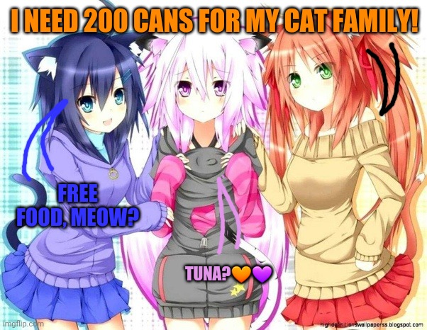 FREE FOOD, MEOW? I NEED 200 CANS FOR MY CAT FAMILY! TUNA??? | made w/ Imgflip meme maker