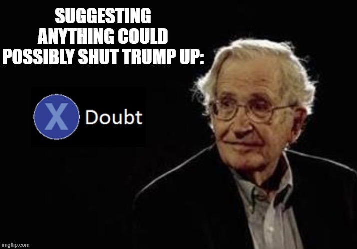 Ain't gonna happen, whatever Democrats do or don't do. | SUGGESTING ANYTHING COULD POSSIBLY SHUT TRUMP UP: | image tagged in x doubt chomsky | made w/ Imgflip meme maker