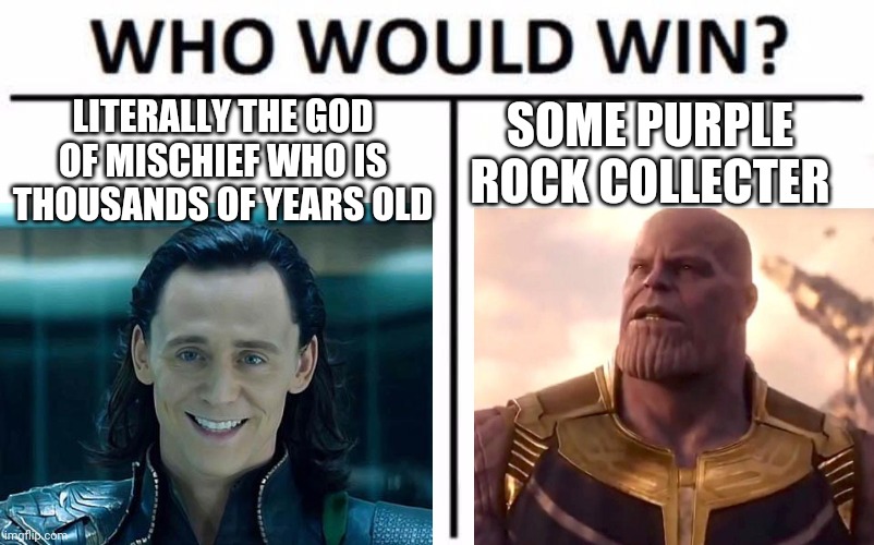 Who Would Win? Meme | SOME PURPLE ROCK COLLECTER; LITERALLY THE GOD OF MISCHIEF WHO IS THOUSANDS OF YEARS OLD | image tagged in memes,who would win | made w/ Imgflip meme maker