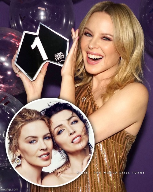 Dannii congratulates her sister on her latest #1 Australian record. | image tagged in kylie dannii 1 australia,pop music,musicians,singers,sisters,disco | made w/ Imgflip meme maker