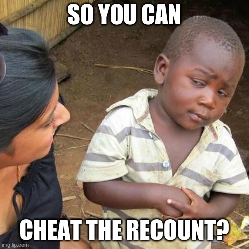 Third World Skeptical Kid Meme | SO YOU CAN CHEAT THE RECOUNT? | image tagged in memes,third world skeptical kid | made w/ Imgflip meme maker