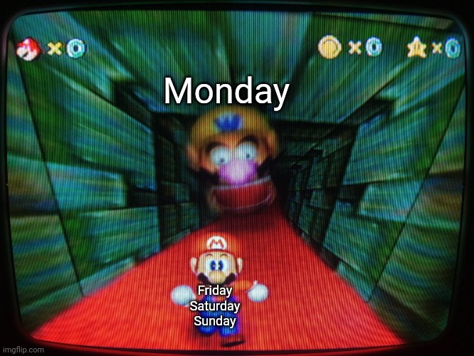 I just wanna enjoy my weekend :( | Monday; Friday
Saturday
Sunday | image tagged in wario head is come to eat mario | made w/ Imgflip meme maker