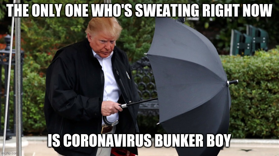 Trumprella | THE ONLY ONE WHO'S SWEATING RIGHT NOW IS CORONAVIRUS BUNKER BOY | image tagged in trumprella | made w/ Imgflip meme maker