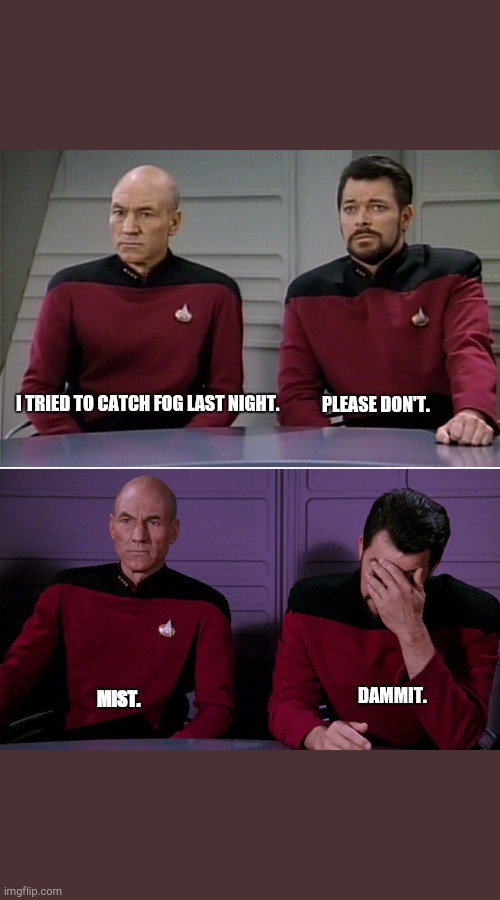 Picard's fog | PLEASE DON'T. I TRIED TO CATCH FOG LAST NIGHT. MIST. DAMMIT. | image tagged in picard riker listening to a pun,humor,star trek the next generation,facepalm,bad pun picard | made w/ Imgflip meme maker