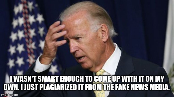 Joe Biden worries | I WASN'T SMART ENOUGH TO COME UP WITH IT ON MY OWN. I JUST PLAGIARIZED IT FROM THE FAKE NEWS MEDIA. | image tagged in joe biden worries | made w/ Imgflip meme maker