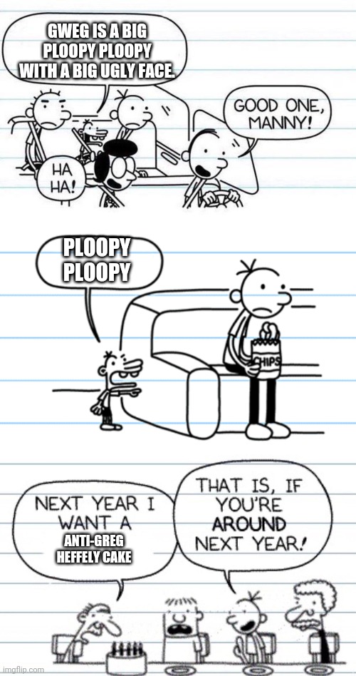 Greg Heffley as my punching bag - Episode 3 | GWEG IS A BIG PLOOPY PLOOPY WITH A BIG UGLY FACE. PLOOPY PLOOPY; ANTI-GREG HEFFELY CAKE | image tagged in good one manny,ploopy blank,next year i want a,greg heffley,diary of a wimpy kid | made w/ Imgflip meme maker