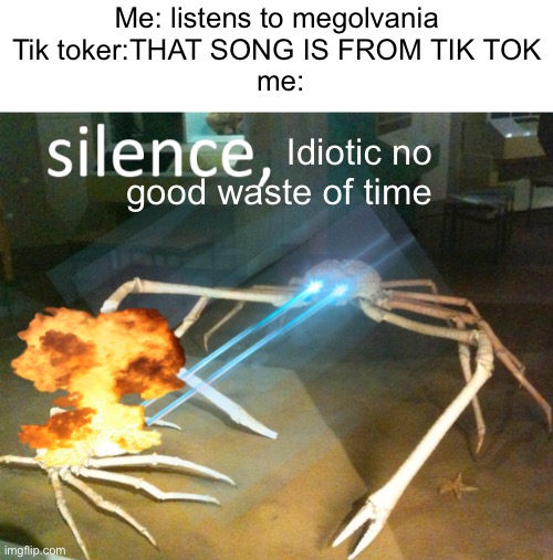 Silence Crab | Me: listens to megolvania 
Tik toker:THAT SONG IS FROM TIK TOK 
me:; Idiotic no good waste of time | image tagged in silence crab | made w/ Imgflip meme maker
