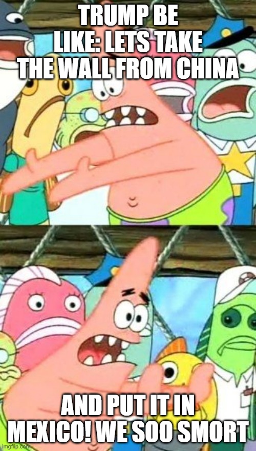 Put It Somewhere Else Patrick | TRUMP BE LIKE: LETS TAKE THE WALL FROM CHINA; AND PUT IT IN MEXICO! WE SOO SMORT | image tagged in memes,put it somewhere else patrick | made w/ Imgflip meme maker