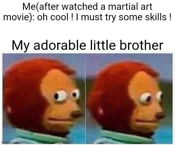 Meme | Me(after watched a martial art movie): oh cool ! I must try some skills ! My adorable little brother | image tagged in memes,monkey puppet | made w/ Imgflip meme maker