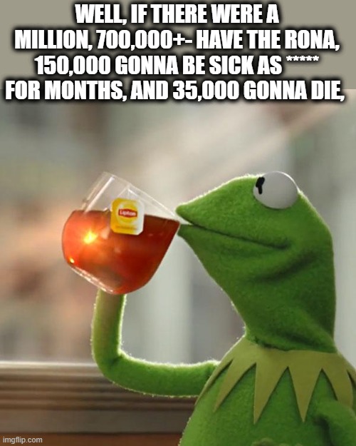 But That's None Of My Business Meme | WELL, IF THERE WERE A MILLION, 700,000+- HAVE THE RONA, 150,000 GONNA BE SICK AS ***** FOR MONTHS, AND 35,000 GONNA DIE, | image tagged in memes,but that's none of my business,kermit the frog | made w/ Imgflip meme maker