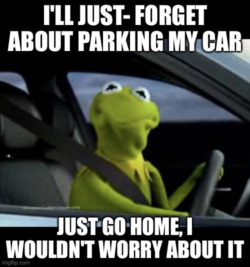 Kermit Driving | I'LL JUST- FORGET ABOUT PARKING MY CAR JUST GO HOME, I WOULDN'T WORRY ABOUT IT | image tagged in kermit driving | made w/ Imgflip meme maker