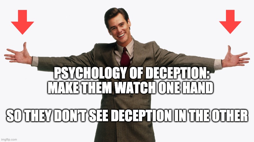 Psychology of Deception | PSYCHOLOGY OF DECEPTION: MAKE THEM WATCH ONE HAND; SO THEY DON’T SEE DECEPTION IN THE OTHER | image tagged in jim carrey liar liar | made w/ Imgflip meme maker