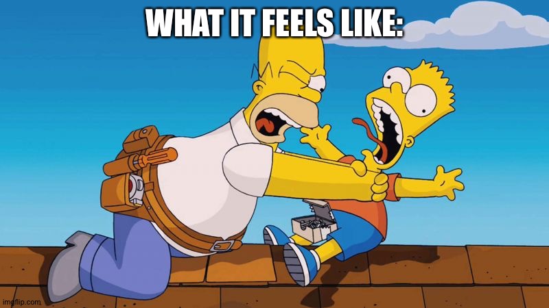Homer choking Bart | WHAT IT FEELS LIKE: | image tagged in homer choking bart | made w/ Imgflip meme maker
