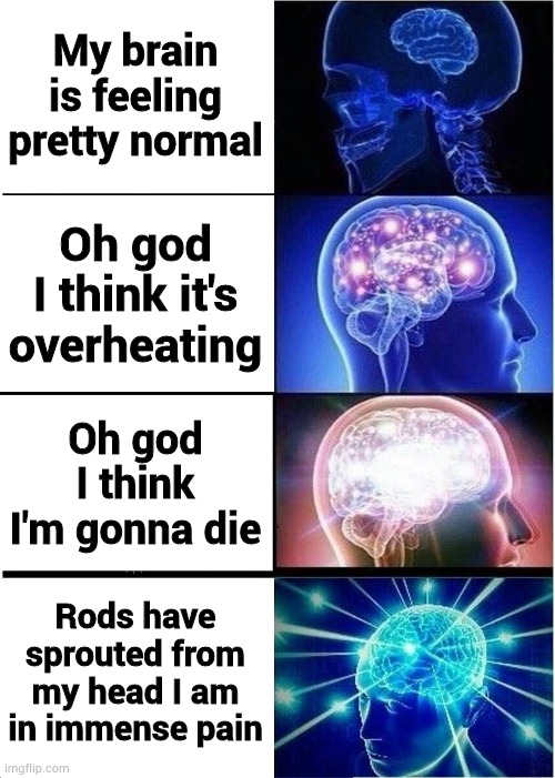 r/bonehurtingjuice meme | My brain is feeling pretty normal; Oh god I think it's overheating; Oh god I think I'm gonna die; Rods have sprouted from my head I am in immense pain | image tagged in memes,expanding brain | made w/ Imgflip meme maker