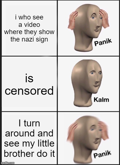 Panik Kalm Panik | i who see a video where they show the nazi sign; is censored; I turn around and see my little brother do it | image tagged in memes,panik kalm panik,nazi | made w/ Imgflip meme maker