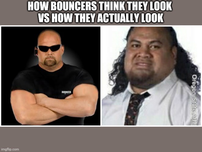 Bouncer security | HOW BOUNCERS THINK THEY LOOK 
VS HOW THEY ACTUALLY LOOK | image tagged in security | made w/ Imgflip meme maker