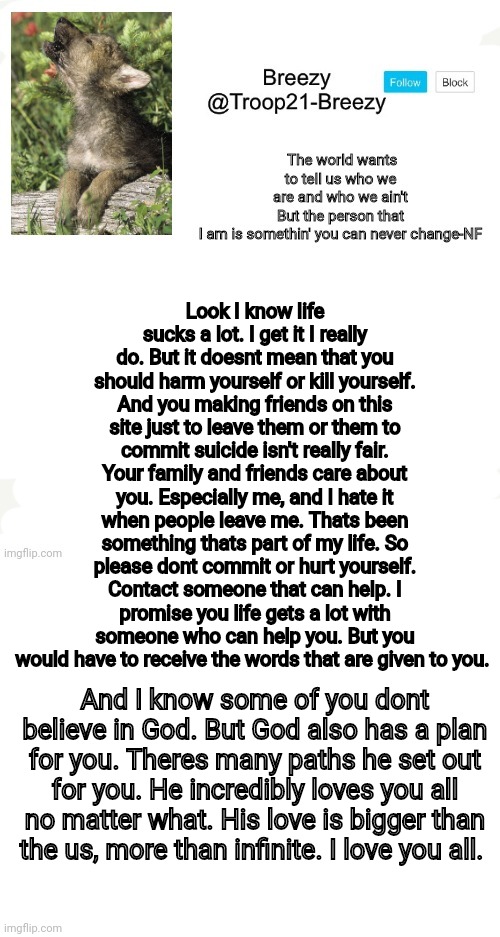 Look I know life sucks a lot. I get it I really do. But it doesnt mean that you should harm yourself or kill yourself. And you making friends on this site just to leave them or them to commit suicide isn't really fair. Your family and friends care about you. Especially me, and I hate it when people leave me. Thats been something thats part of my life. So please dont commit or hurt yourself. Contact someone that can help. I promise you life gets a lot with someone who can help you. But you would have to receive the words that are given to you. And I know some of you dont believe in God. But God also has a plan for you. Theres many paths he set out for you. He incredibly loves you all no matter what. His love is bigger than the us, more than infinite. I love you all. | image tagged in trooper21-breezy template,blank white template | made w/ Imgflip meme maker