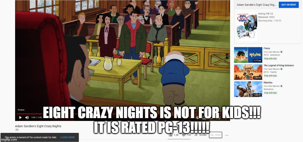 Eight Crazy Nights is Not For Kids!!! | EIGHT CRAZY NIGHTS IS NOT FOR KIDS!!!
IT IS RATED PG-13!!!!! | image tagged in eight crazy nights,pg-13,not for kids,youtube,coppa | made w/ Imgflip meme maker