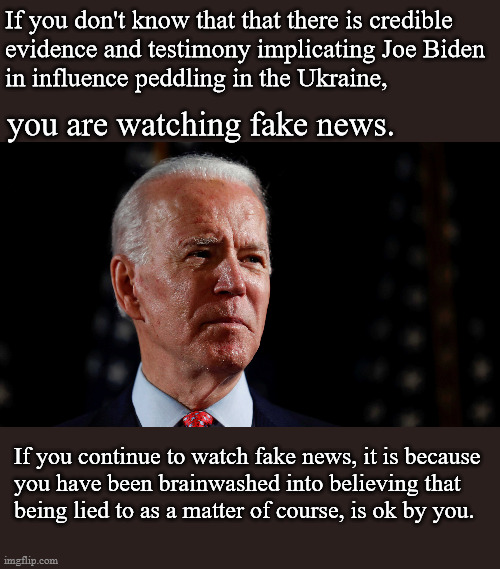 are you watching fake news? | If you don't know that that there is credible 
evidence and testimony implicating Joe Biden 
in influence peddling in the Ukraine, you are watching fake news. If you continue to watch fake news, it is because 
you have been brainwashed into believing that 
being lied to as a matter of course, is ok by you. | image tagged in politics,fake news | made w/ Imgflip meme maker