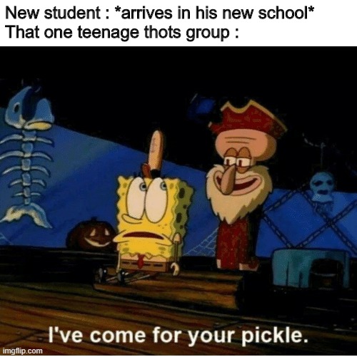 Who have never had this teenage thots group in his/her high school ? | New student : *arrives in his new school*
That one teenage thots group : | image tagged in i've come for your pickle,memes,new student,teenage thots group,high school | made w/ Imgflip meme maker