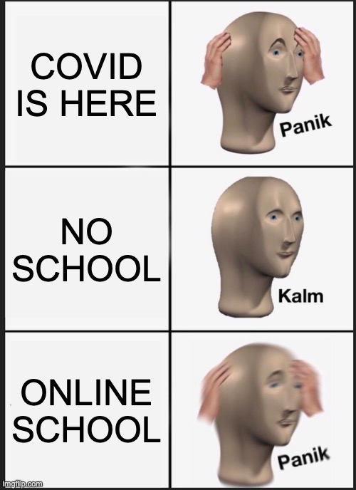 Panik Kalm Panik | COVID IS HERE; NO SCHOOL; ONLINE SCHOOL | image tagged in memes,panik kalm panik | made w/ Imgflip meme maker