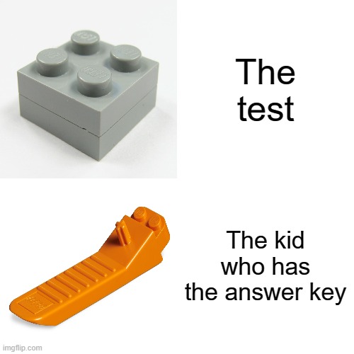 lego impossible | The test; The kid who has the answer key | image tagged in memes,drake hotline bling | made w/ Imgflip meme maker