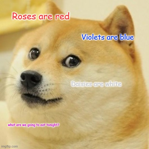 a normal meme | Roses are red; Violets are blue; Daisies are white; what are we going to eat tonight? | image tagged in memes,doge | made w/ Imgflip meme maker