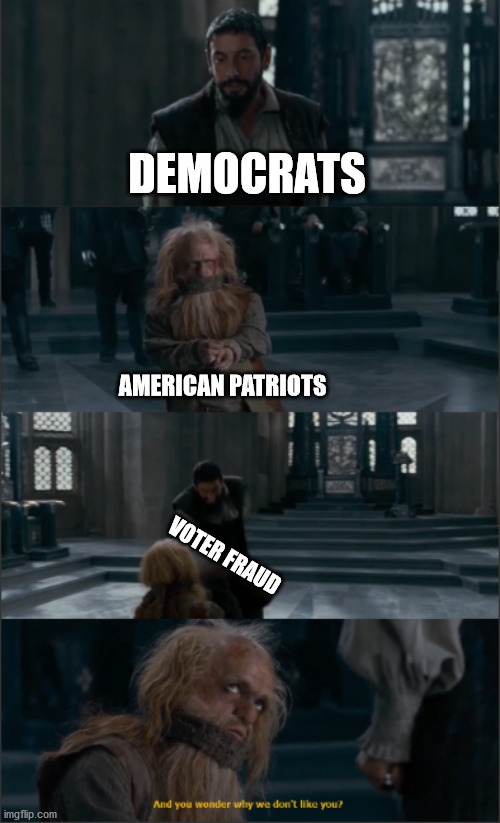 The election was stolen. WAKE UP! | DEMOCRATS; AMERICAN PATRIOTS; VOTER FRAUD | image tagged in and you wonder why we don't like you | made w/ Imgflip meme maker