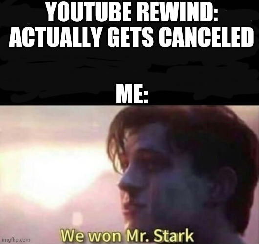 We won Mr. Stark | YOUTUBE REWIND: ACTUALLY GETS CANCELED; ME: | image tagged in we won mr stark | made w/ Imgflip meme maker