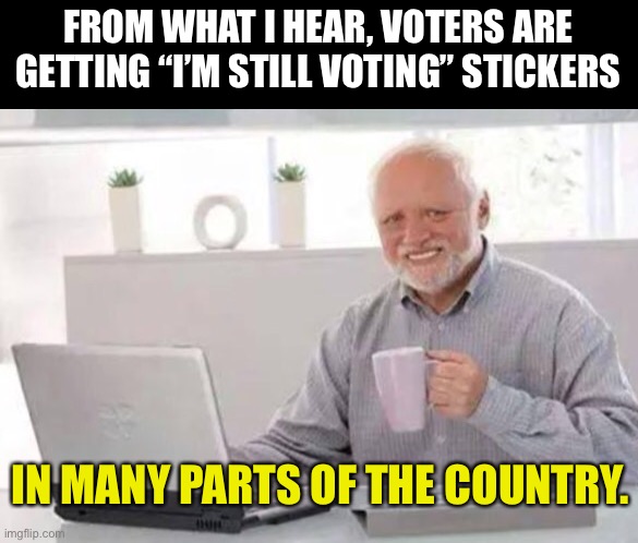 Still voting | FROM WHAT I HEAR, VOTERS ARE GETTING “I’M STILL VOTING” STICKERS; IN MANY PARTS OF THE COUNTRY. | image tagged in harold | made w/ Imgflip meme maker