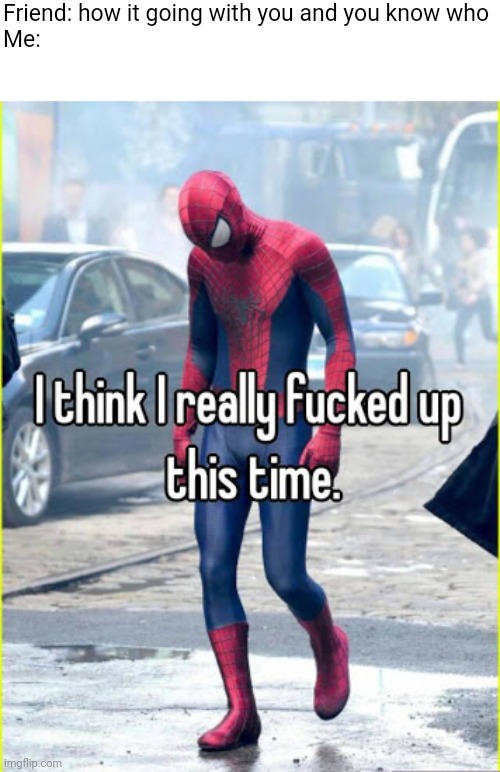 I think I really fucked up | Friend: how it going with you and you know who
Me: | image tagged in i think i fucked up,relationships,memes,sad spiderman,sad but true | made w/ Imgflip meme maker
