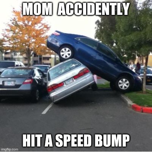 When your late for school | MOM  ACCIDENTLY; HIT A SPEED BUMP | image tagged in really bad parking,bad drivers,speeding,bad parenting | made w/ Imgflip meme maker
