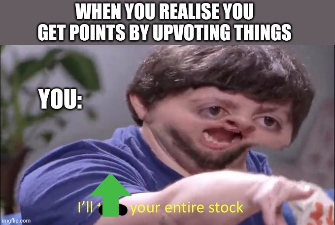 I'll ⬆️your entire stock! | WHEN YOU REALISE YOU GET POINTS BY UPVOTING THINGS; YOU: | image tagged in i'll take your entire stock | made w/ Imgflip meme maker