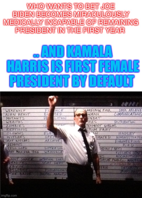 Am calling this now.. just watch its coming. | WHO WANTS TO BET JOE BIDEN BECOMES MIRACULOUSLY MEDICALLY INCAPABLE OF REMAINING PRESIDENT IN THE FIRST YEAR; .. AND KAMALA HARRIS IS FIRST FEMALE PRESIDENT BY DEFAULT | image tagged in who's got for 2020,president,usa,politics,femme fatale,premenition | made w/ Imgflip meme maker