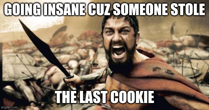 gimme cookie | GOING INSANE CUZ SOMEONE STOLE; THE LAST COOKIE | image tagged in memes,sparta leonidas | made w/ Imgflip meme maker