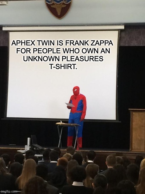 Aphex Twin | APHEX TWIN IS FRANK ZAPPA 
FOR PEOPLE WHO OWN AN
 UNKNOWN PLEASURES 
T-SHIRT. | image tagged in spiderman presentation | made w/ Imgflip meme maker