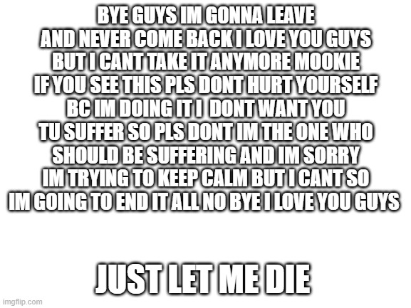 Blank White Template | BYE GUYS IM GONNA LEAVE AND NEVER COME BACK I LOVE YOU GUYS BUT I CANT TAKE IT ANYMORE MOOKIE IF YOU SEE THIS PLS DONT HURT YOURSELF BC IM DOING IT I  DONT WANT YOU TU SUFFER SO PLS DONT IM THE ONE WHO SHOULD BE SUFFERING AND IM SORRY IM TRYING TO KEEP CALM BUT I CANT SO IM GOING TO END IT ALL NO BYE I LOVE YOU GUYS; JUST LET ME DIE | image tagged in blank white template | made w/ Imgflip meme maker