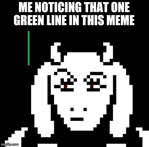 Skeptical toriel | ME NOTICING THAT ONE GREEN LINE IN THIS MEME | image tagged in undertale - toriel | made w/ Imgflip meme maker