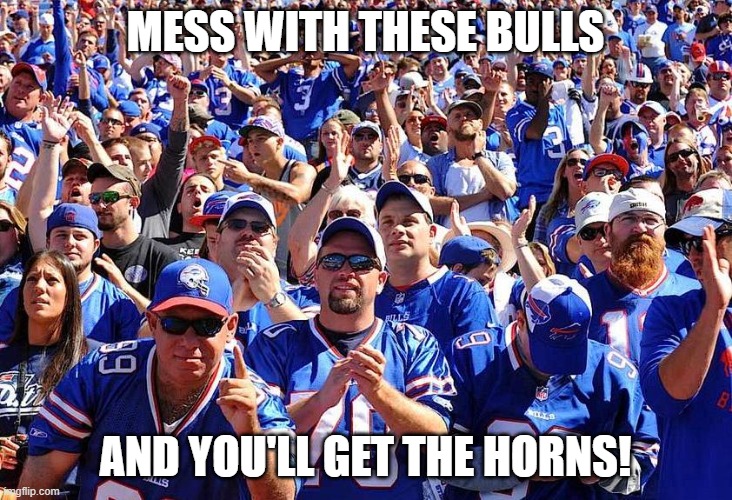 Buffalo Bills fans this year be like.... | MESS WITH THESE BULLS; AND YOU'LL GET THE HORNS! | image tagged in buffalo bills fans,horns,bull,nfl memes,2020 | made w/ Imgflip meme maker