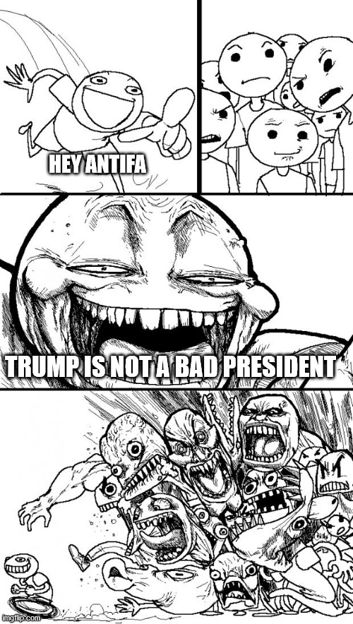 Hey Internet | HEY ANTIFA; TRUMP IS NOT A BAD PRESIDENT | image tagged in memes,hey internet,donald trump,president trump,antifa | made w/ Imgflip meme maker