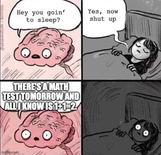 oh noes | THERE'S A MATH TEST TOMORROW AND ALL I KNOW IS 1+1=2. | image tagged in waking up brain | made w/ Imgflip meme maker