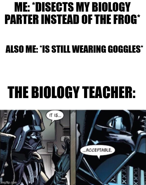it is... acceptable | ME: *DISECTS MY BIOLOGY PARTER INSTEAD OF THE FROG*; ALSO ME: *IS STILL WEARING GOGGLES*; THE BIOLOGY TEACHER: | image tagged in blank white template,it is acceptable | made w/ Imgflip meme maker