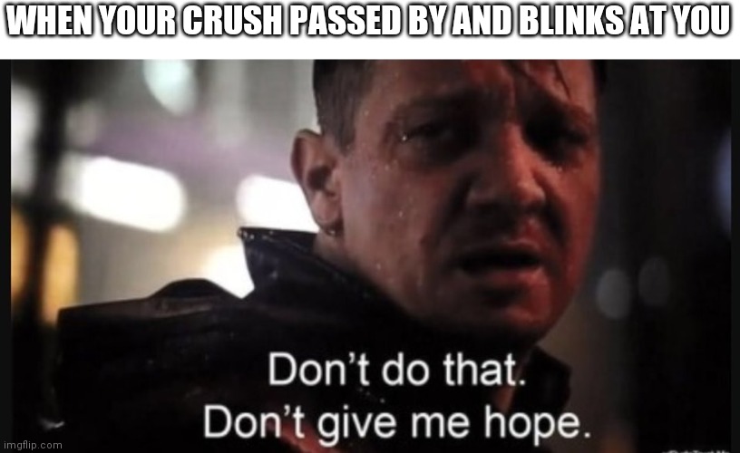 Crush Meme | WHEN YOUR CRUSH PASSED BY AND BLINKS AT YOU | image tagged in hawkeye ''don't give me hope'' | made w/ Imgflip meme maker