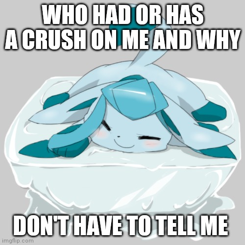 Glaceon ice cube | WHO HAD OR HAS A CRUSH ON ME AND WHY; DON'T HAVE TO TELL ME | image tagged in glaceon ice cube | made w/ Imgflip meme maker