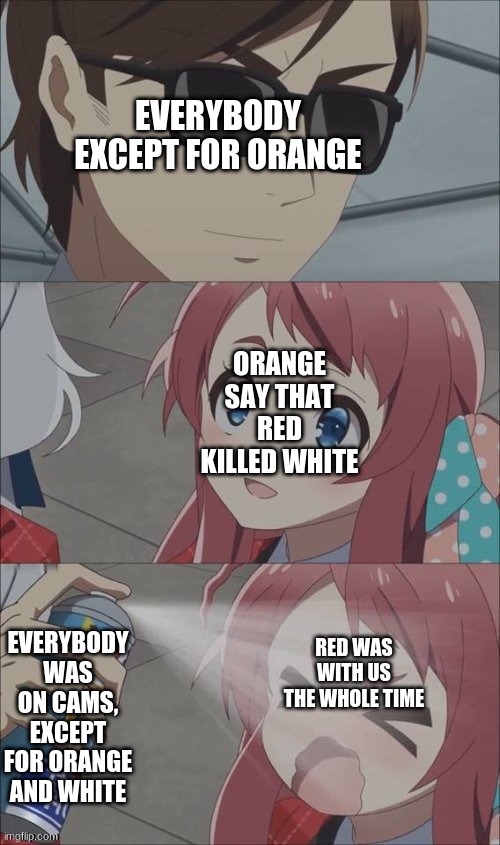 when Reds not the Imposter | EVERYBODY EXCEPT FOR ORANGE; ORANGE SAY THAT RED KILLED WHITE; EVERYBODY WAS ON CAMS, EXCEPT FOR ORANGE AND WHITE; RED WAS WITH US THE WHOLE TIME | image tagged in pepper spray girl anime | made w/ Imgflip meme maker
